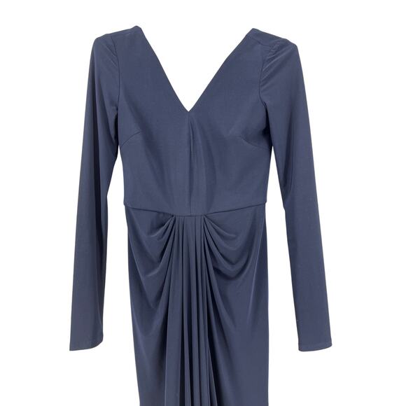 Vera Wang Navy Blue Long Sleeve V Neck Ruched Evening Gown Long Dress (4) - Picture 8 of 13